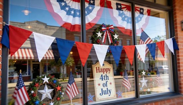 Small-town storefront celebrating 4th of july with patriotic bunting, wreaths, flags