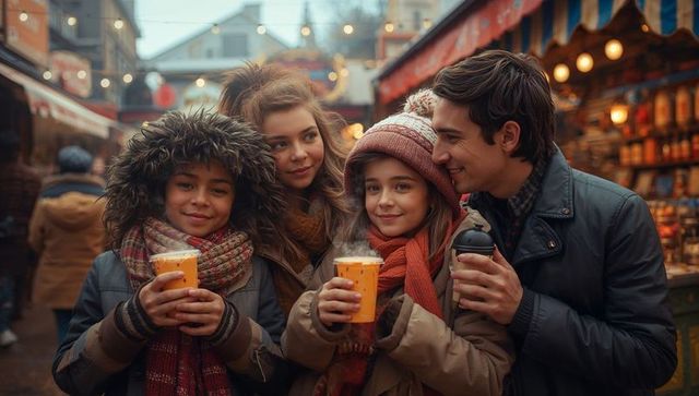 Family at Winter Market Enjoying Warm Drinks and Festive Atmosphere