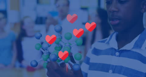 Child Exploring Molecular Structure with Augmented Love Icon Overlay