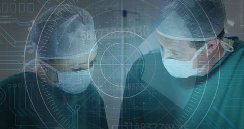 Diverse medical professionals in surgical attire performing a complex procedure with a digital technology overlay, depicting modern advancements in healthcare. Useful for illustrating concepts of medical innovation, surgery techniques, teamwork in emergency medicine, and futuristic technology in healthcare settings.