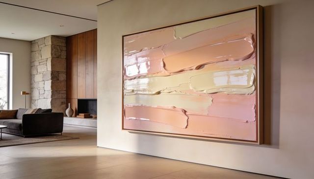 Displaying oversized pastel impasto painting in modern minimalist living room interior