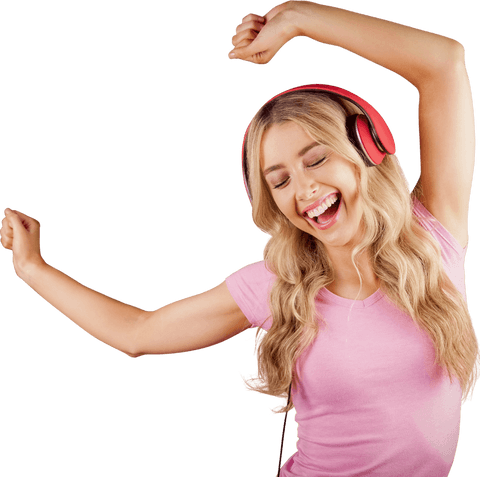 Joyful Woman in Pink Dancing with Headphones on Transparent Background