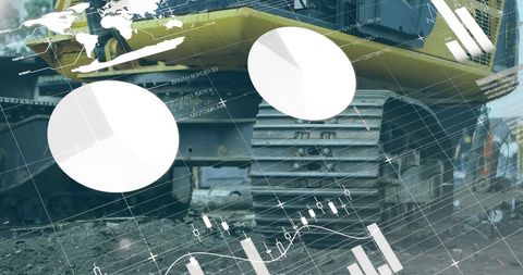 Digital infographic overlaid on industrial machinery in scrap yard
