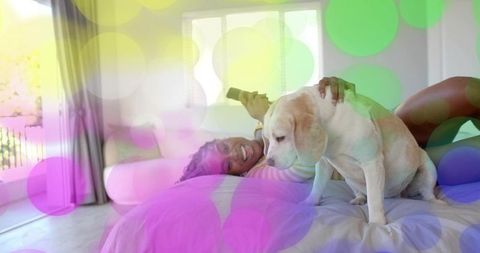 Relaxed Woman with Dog in Cozy Bright Bedroom Environment