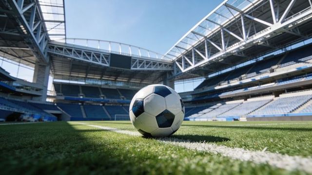 Closeup soccer ball resting on sideline inside modern empty stadium under bright blue sky