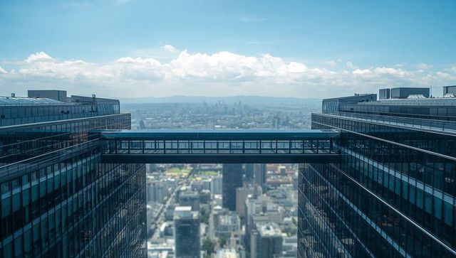 Glazed pedestrian skybridge connecting twin glass office towers with city skyline panorama