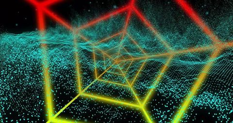 Neon hexagonal tunnel with cyan particle field, futuristic glowing grid and cyber matrix
