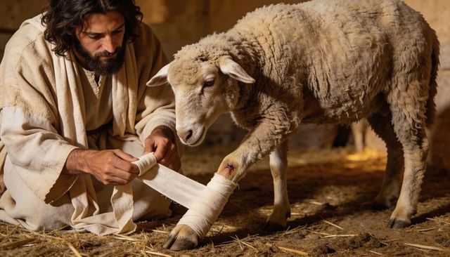Bearded man dressing wounded sheep leg in rustic barn, tending gentle livestock wound care