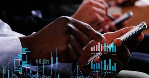 Business Team Using Smartphones with Financial Data Overlay