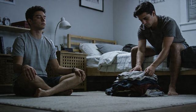 Young man meditating while roommate folding laundry in cozy minimal bedroom at night