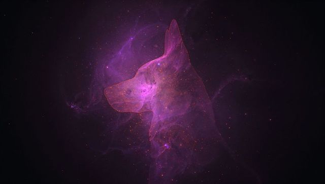 Glowing Purple Nebula Shaping Dog Head Silhouette in Cosmic Gas and Starfield with Orange Stars