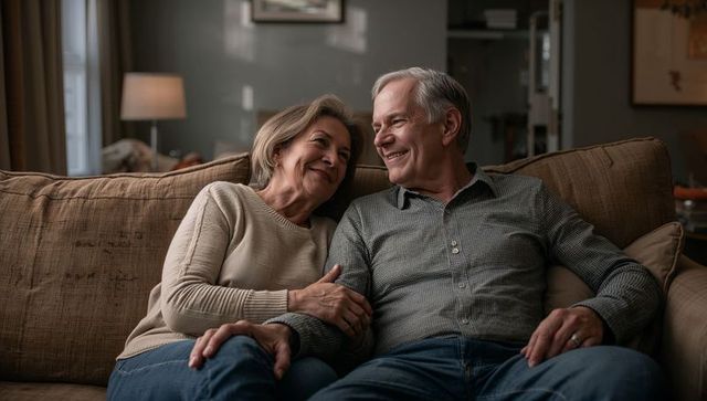 Warm intimate portrait of senior couple relaxing on couch holding hands smiling in cozy living room