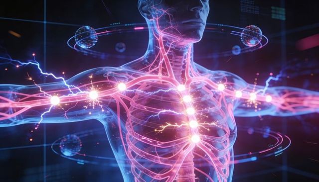 Displaying Holographic Human Nervous System with Glowing Neural Pathways and Active Nodes