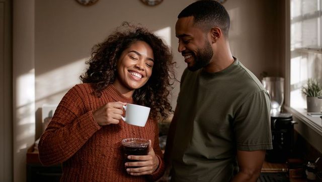 Smiling couple sharing morning coffee in sunlit kitchen wearing cozy knit sweater and tee