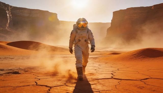 Solitary Astronaut Walking Across Red Desert Dunes With Reflective Gold Visor on Martian Plain