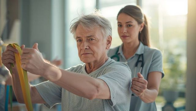 Senior Patient Exercising with Resistance Band in Rehab Gym