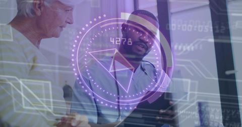 Clinician consulting senior patient using tablet with ar data hud