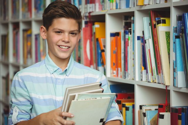 Young boy standing in library holding books and smiling. Ideal for educational content, school promotions, literacy campaigns, and children's learning materials.