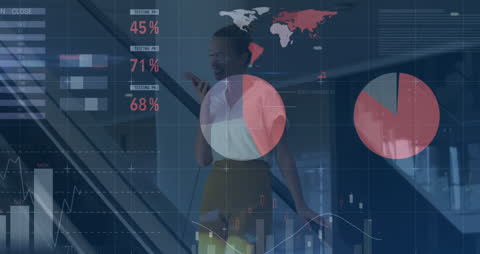 Businesswoman Analyzing Global Financial Data in Office Environment