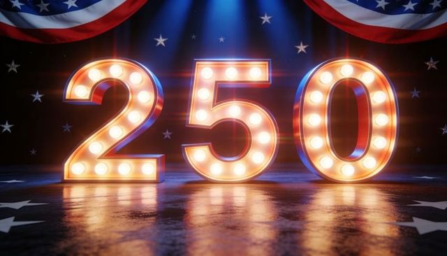 Marquee numerals 250 with patriotic bunting, glowing bulbs and reflective stage floor