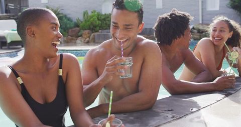Diverse Friends Enjoying Poolside Drinks Laughing - Download Free Stock Images Pikwizard.com