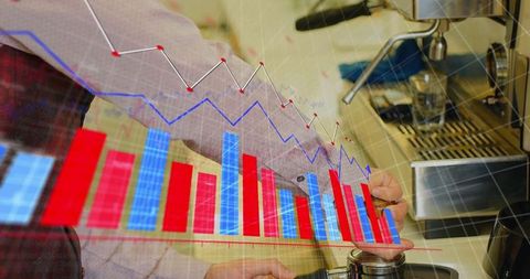 Barista preparing coffee with financial data overlay