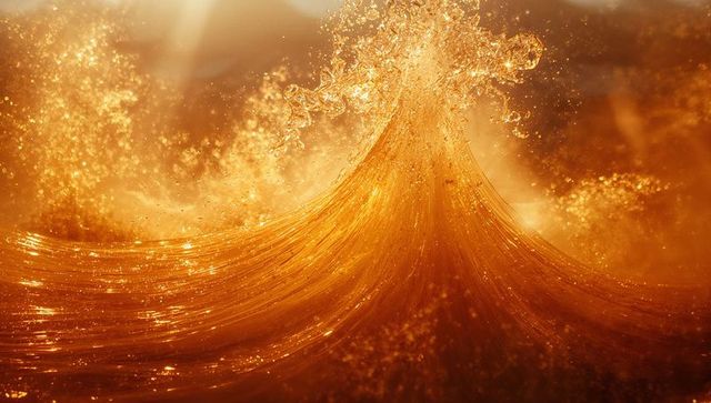 Luminous golden liquid wave with shimmering particles