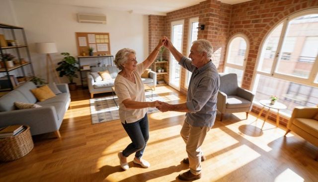 Senior couple dancing joyfully in sunlit living room with arched windows and wooden floor