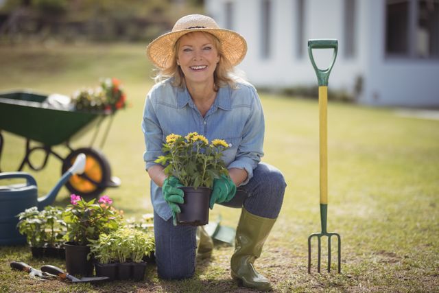 Ideal for illustrating gardening hobbies, senior lifestyle, outdoor activities, and nature-related content. Can be used in articles, blogs, and advertisements promoting gardening, healthy living, and senior wellness.