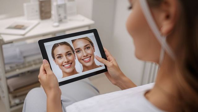 Dental consultation showing before and after smile preview on tablet in modern clinic