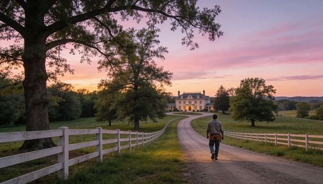 Worker walking along winding driveway toward illuminated estate at dusk with white fence