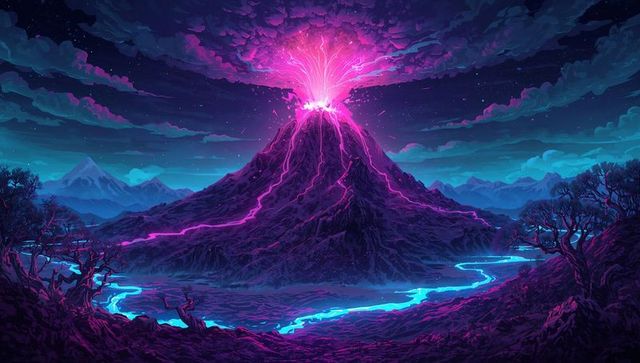 Neon pink lava erupting from surreal volcano at night with blue river