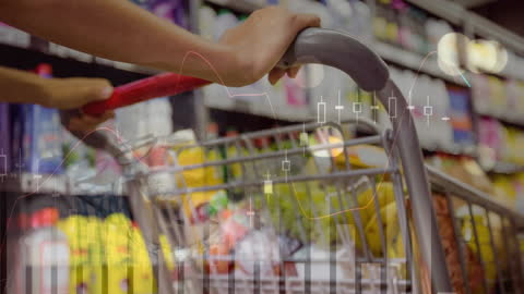 Hands Holding Shopping Cart with Data Overlay