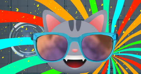 Animated Cat Emoticon with Sunglasses and Colorful Swirls
