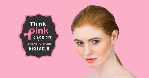 Breast Cancer Awareness with Thoughtful Woman and Pink Ribbon