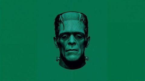Floating frankenstein monster head on green background