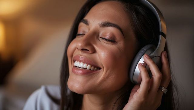 Serene woman smiling and listening with wireless headphones, touching earcup, cozy bedroom close-up