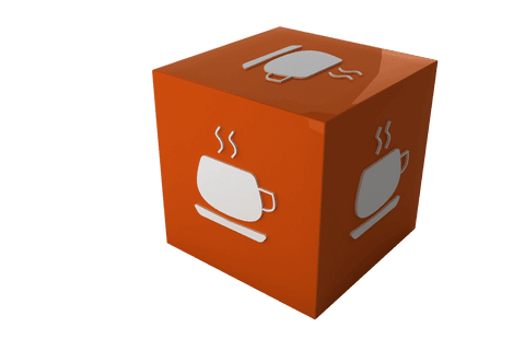 Transparent orange cube featuring coffee mug icons