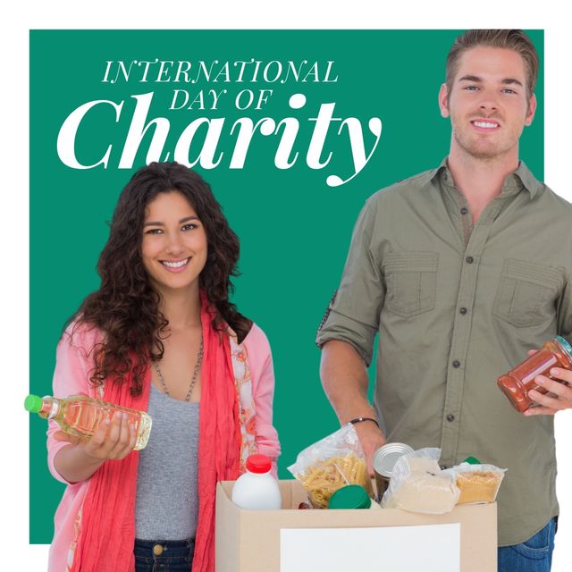 Portrait of young multiracial couple donating groceries with international day of charity text. Digital composite, raise awareness, charity, donation, celebration, social responsibility.