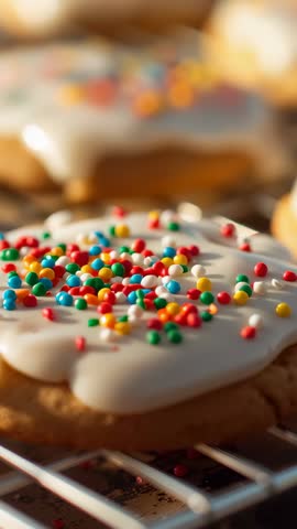 Vertical video shifting focus to iced sugar cookie topped with colorful round sprinkles