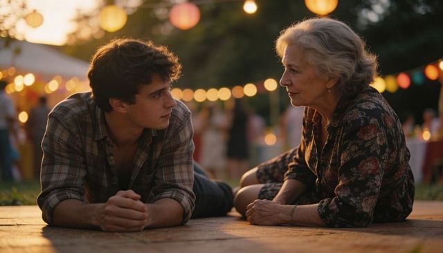Intergenerational lantern-lit conversation on wood platform young man and older woman