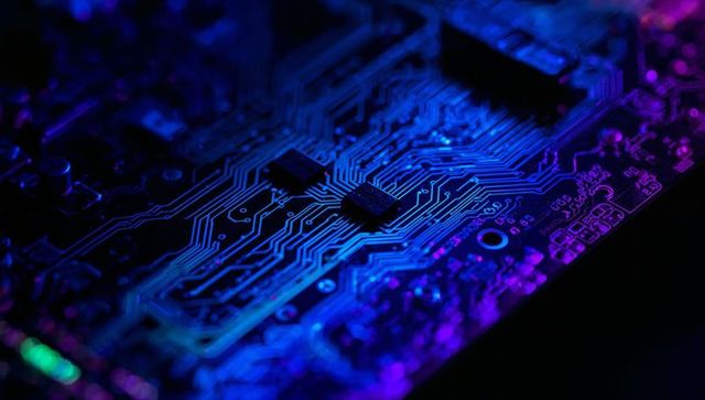 Neon pcb circuit board macro showing blue purple led glow, copper traces and smd chips