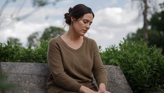 Contemplative woman sitting on bench in park wearing olive sweater, serene overcast day