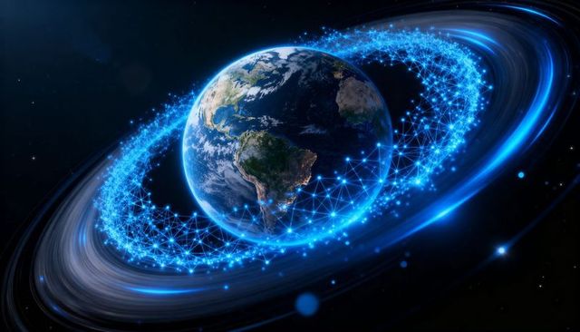 Earth surrounded by luminous network ring showing global connectivity and satellite orbit