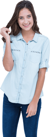 Smiling Young Woman in Casual Denim-Inspired Shirt on Transparent Background