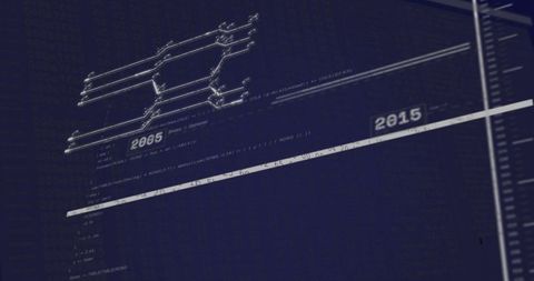 Diagonal hud timeline displaying circuit code between 2005 and 2015 on dark dashboard