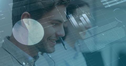 Business professional collaborating virtually with headset and data