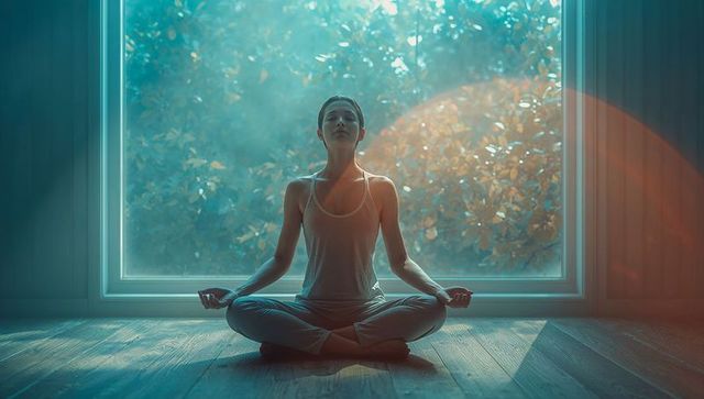 Woman Meditating in Lotus Position by Sunny Window