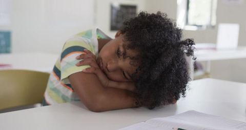 Tired Elementary Student Resting Head on Arms at Classroom Desk, Study Break