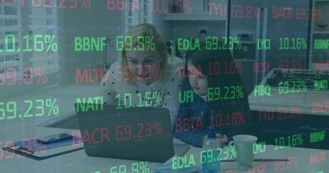 Mother and Daughter Analyzing Stock Market on Laptop at Home Office